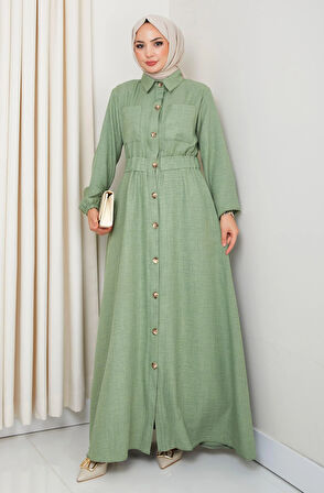 Kadın Cep Detaylı Düğmeli Kuşaklı Haki Keten Elbise