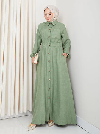 Kadın Cep Detaylı Düğmeli Kuşaklı Haki Keten Elbise