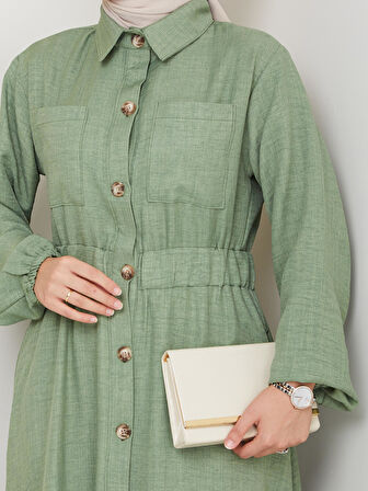 Kadın Cep Detaylı Düğmeli Kuşaklı Haki Keten Elbise