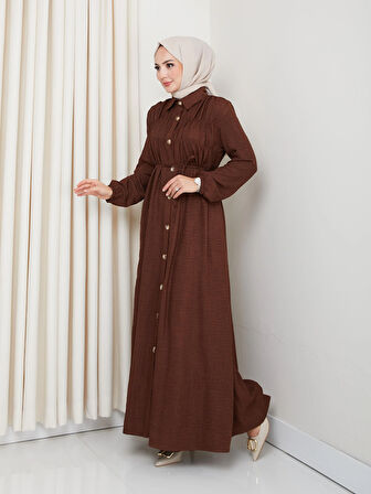Kadın Büzgü Detaylı Kuşaklı Düğmeli Kahverengi Elbise