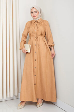 Kadın Büzgü Detaylı Kuşaklı Düğmeli Hardal Elbise