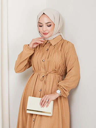 Kadın Büzgü Detaylı Kuşaklı Düğmeli Hardal Elbise