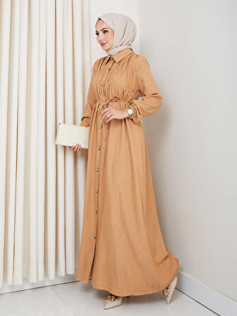Kadın Büzgü Detaylı Kuşaklı Düğmeli Hardal Elbise