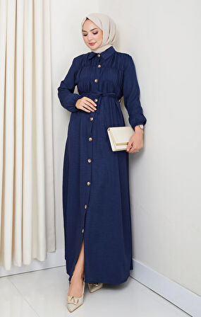 Kadın Büzgü Detaylı Kuşaklı Düğmeli Lacivert Elbise