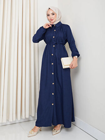Kadın Büzgü Detaylı Kuşaklı Düğmeli Lacivert Elbise