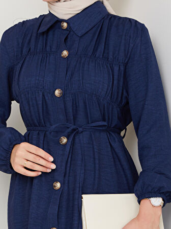 Kadın Büzgü Detaylı Kuşaklı Düğmeli Lacivert Elbise