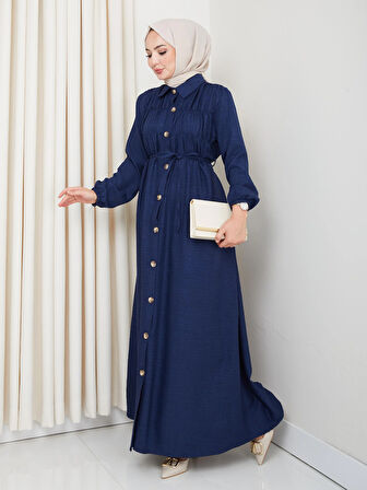 Kadın Büzgü Detaylı Kuşaklı Düğmeli Lacivert Elbise
