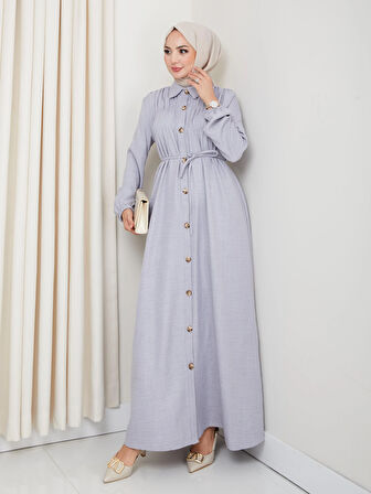 Kadın Büzgü Detaylı Kuşaklı Düğmeli Gri Elbise