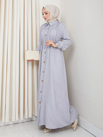 Kadın Büzgü Detaylı Kuşaklı Düğmeli Gri Elbise