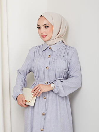 Kadın Büzgü Detaylı Kuşaklı Düğmeli Gri Elbise