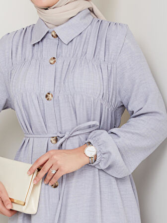 Kadın Büzgü Detaylı Kuşaklı Düğmeli Gri Elbise