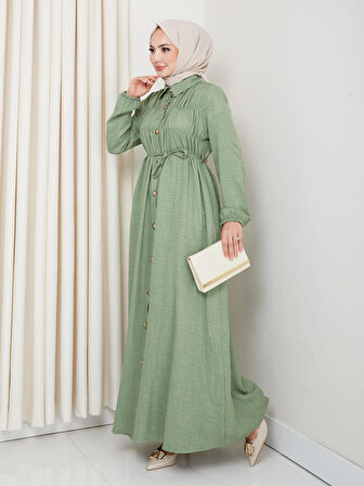 Kadın Büzgü Detaylı Kuşaklı Düğmeli Haki Elbise