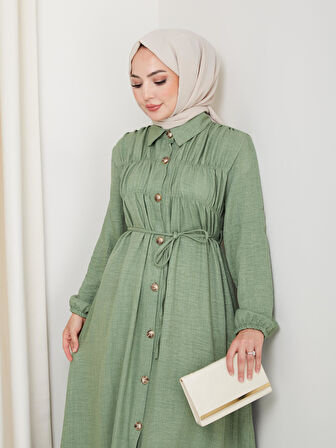 Kadın Büzgü Detaylı Kuşaklı Düğmeli Haki Elbise
