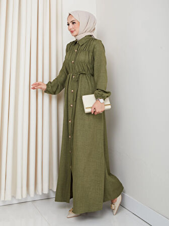 Kadın Büzgü Detaylı Kuşaklı Düğmeli Yeşil Elbise