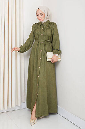 Kadın Büzgü Detaylı Kuşaklı Düğmeli Yeşil Elbise