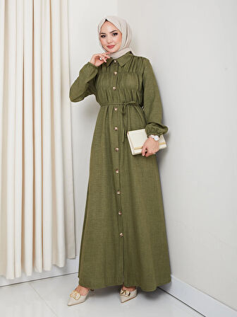 Kadın Büzgü Detaylı Kuşaklı Düğmeli Yeşil Elbise