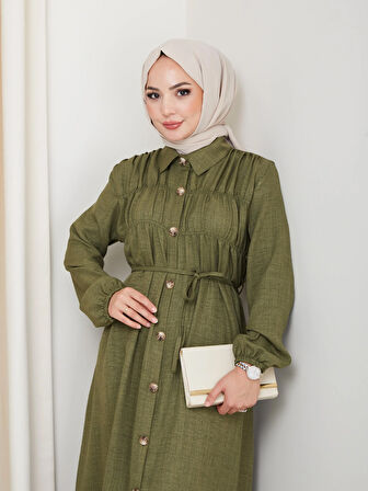 Kadın Büzgü Detaylı Kuşaklı Düğmeli Yeşil Elbise