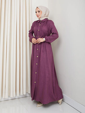 Kadın Büzgü Detaylı Kuşaklı Düğmeli Mor Elbise