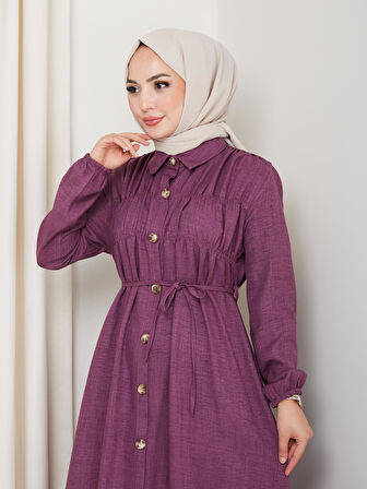 Kadın Büzgü Detaylı Kuşaklı Düğmeli Mor Elbise