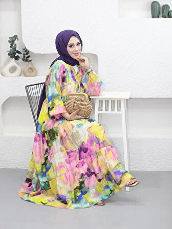 Kadın Rahat Kalıp Düğmeli Desenli Modal Elbise