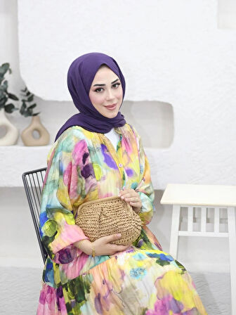 Kadın Rahat Kalıp Düğmeli Desenli Modal Elbise