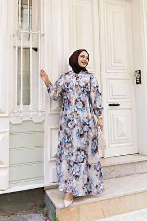 Kadın Çiçek Desenli Viskon Düğmeli Beyaz Elbise