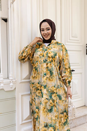 Kadın Çiçek Desenli Viskon Düğmeli Sarı Elbise