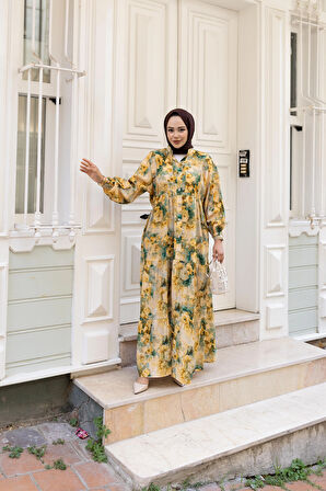 Kadın Çiçek Desenli Viskon Düğmeli Sarı Elbise
