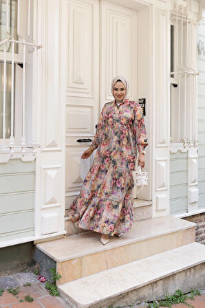 Kadın Çiçek Desenli Viskon Düğmeli Pembe Elbise