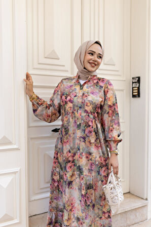 Kadın Çiçek Desenli Viskon Düğmeli Pembe Elbise