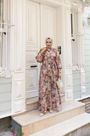 Kadın Çiçek Desenli Viskon Düğmeli Pembe Elbise