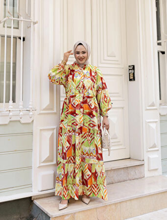 Kadın Desenli Viskon Düğmeli Haki Elbise