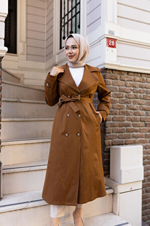 Kadın Düğmeli Kuşaklı Taba Trençkot