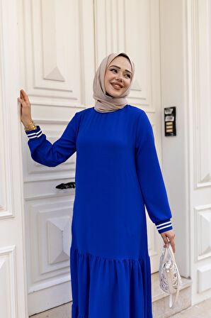 Kadın Kat Kat Ribanalı Mavi Tesettür Elbise