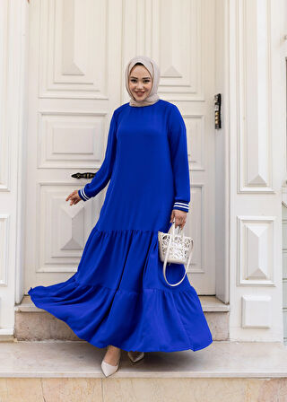 Kadın Kat Kat Ribanalı Mavi Tesettür Elbise