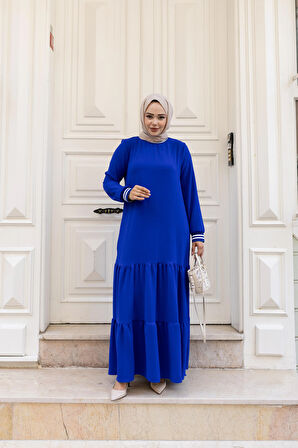 Kadın Kat Kat Ribanalı Mavi Tesettür Elbise