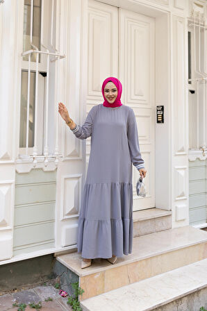 Kadın Kat Kat Ribanalı Gri Tesettür Elbise