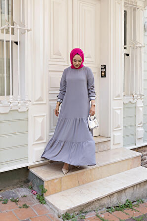 Kadın Kat Kat Ribanalı Gri Tesettür Elbise