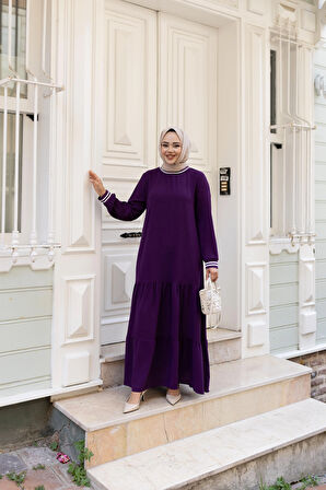 Kadın Kat Kat Ribanalı Bordo Tesettür Elbise