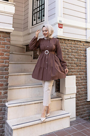 Kadın Düğmeli Kemer Detaylı Kahverengi Gömlek