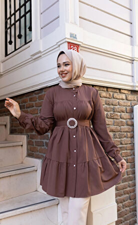 Kadın Düğmeli Kemer Detaylı Kahverengi Gömlek