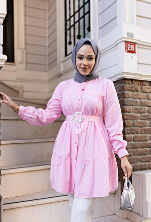 Kadın Düğmeli Kemer Detaylı Pembe Gömlek