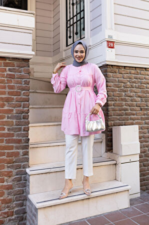 Kadın Düğmeli Kemer Detaylı Pembe Gömlek