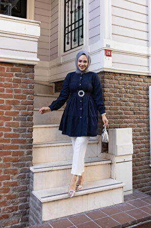 Kadın Düğmeli Kemer Detaylı Lacivert Gömlek