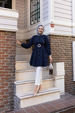 Kadın Düğmeli Kemer Detaylı Lacivert Gömlek