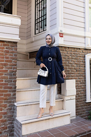 Kadın Düğmeli Kemer Detaylı Lacivert Gömlek