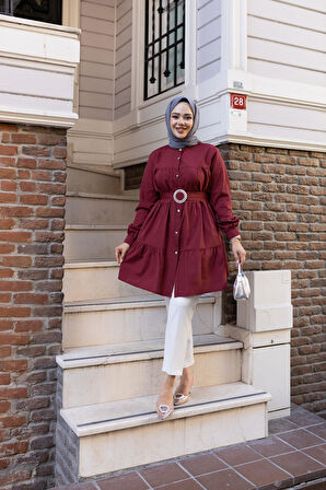 Kadın Düğmeli Kemer Detaylı Mor Gömlek