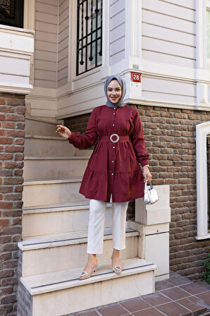 Kadın Düğmeli Kemer Detaylı Mor Gömlek