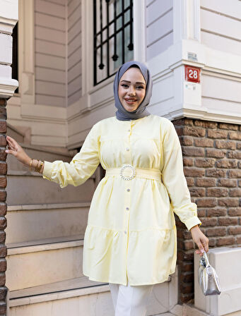 Kadın Düğmeli Kemer Detaylı Sarı Gömlek