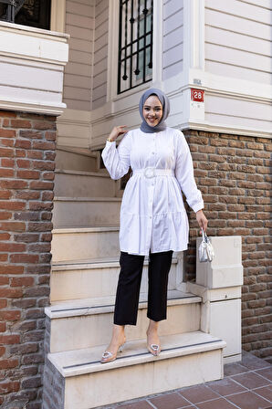 Kadın Düğmeli Kemer Detaylı Beyaz Gömlek